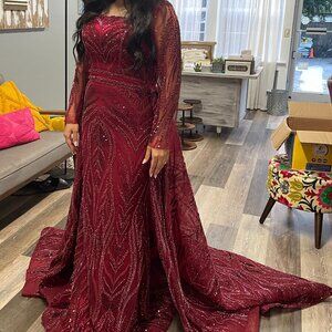 Evening Embroidered Long Sleeve Red Dress with Overskirt and Train